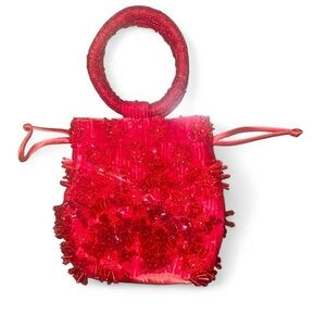 Red beaded mini evening bag with draw string  handbag purse.